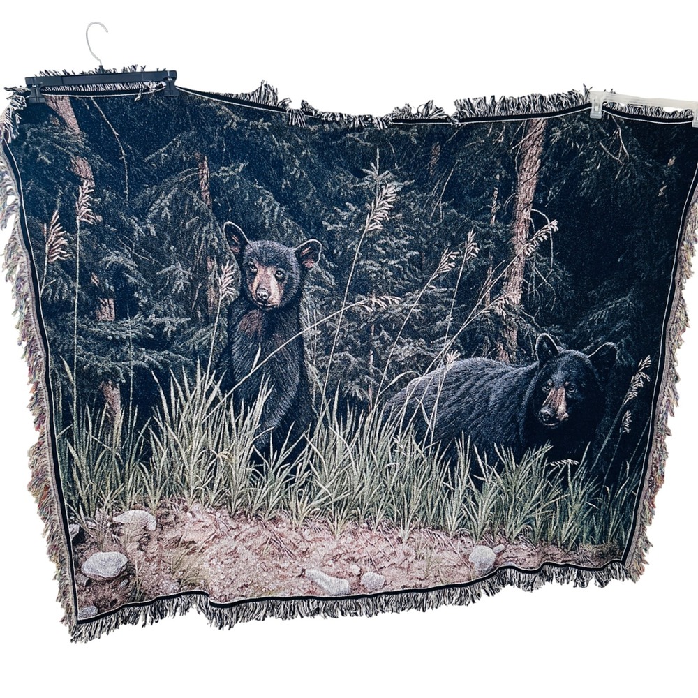 80s R.S. Parker Black Bear Tapestry Blanket 62x49 forest cabin art decor vintage